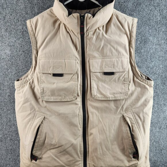 Eddie Bauer Small Cargo Full Zip Beige Sleeveless Down Puffer Vest Nylon Lined - Picture 1 of 16